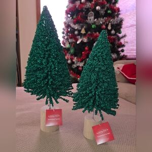 New (2) Holiday Home Bin Bottle Brush Tree Green Christmas decorations 16" & 13"